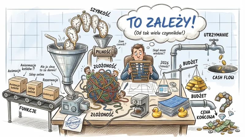 Ile kosztuje strona internetowa? Infografika pokazująca czynniki wpływające na cenę: złożoność, funkcje, szybkość, budżet i utrzymanie