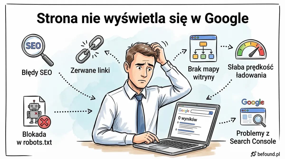 Strona nie wyświetla się w Google — infografika pokazująca najczęstsze przyczyny: brak indeksowania, noindex, wolna strona, brak sitemap